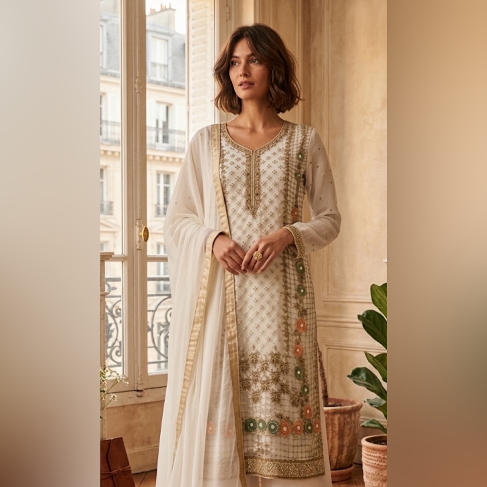 Pakistani Custom-Made Ivory & Gold Embroidered 2-Piece Suit – Size S